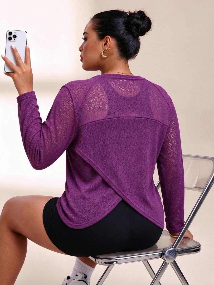SHEIN Rhythm Era Plus Size Women Solid Color Long Sleeve Casual Fitness Sports T-Shirt - Bold Plum - View 1