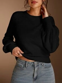 SHEIN BASICS 女款休閒百搭米白色圓領長袖針織毛衣，適合秋季穿著，上班、日常、居家、辦公室穿搭 - 黑色 - 查看 5