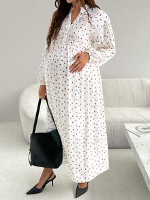 SHEIN Fall Maternity Polka Dot Pleated Casual Party & Travel Dress - White - View 5