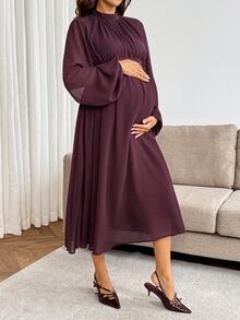 SHEIN Maternity Solid Color Pleated Casual Party & Travel Dress - Burgundy - View 2