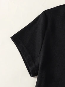 SHEIN Serisse Kids Tween女孩針織春夏新款時尚休閒極簡風棕色T恤配繫帶寬鬆長褲2件套，日常百搭度假款 - 黑色 - 查看 5