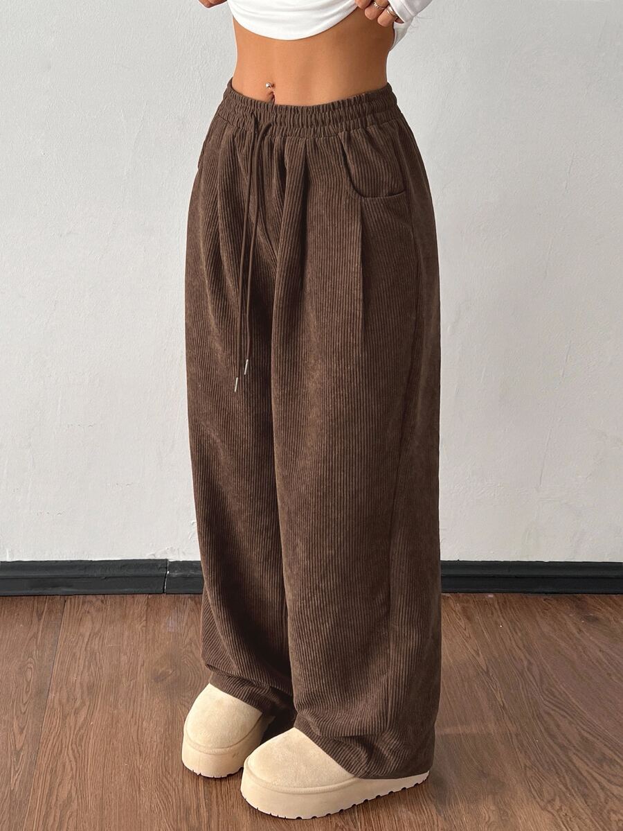 SHEIN PETITE 女款秋冬街頭時尚休閒復古燈芯絨紋理寬鬆長褲,小個女款上班通勤咖啡棕色 - 摩卡棕 - 查看 1