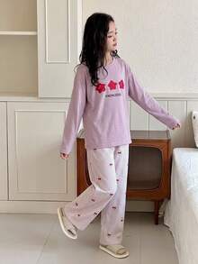 Dazy Kids 對比色圓領圖案印花休閒女童家居服套裝 秋季 - 紫色 - 查看 5