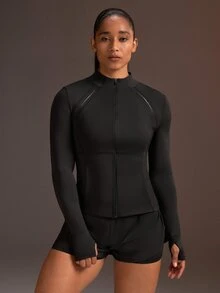 Powerista Women's Black Slim Fit Reflective Stripe & Graphic Print Sports Jacket - Black - View 4