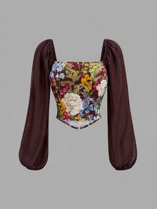 SHEIN MOD 女款花卉印花甜心領燈籠袖優雅鄉村風襯衫 米色 度假 秋季/萬聖節/返校季 - 酒紅色 - 查看 5