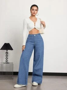 SHEIN Tall Women's Loose Button-Front Pocket Denim Long Pants - Light Wash - View 4
