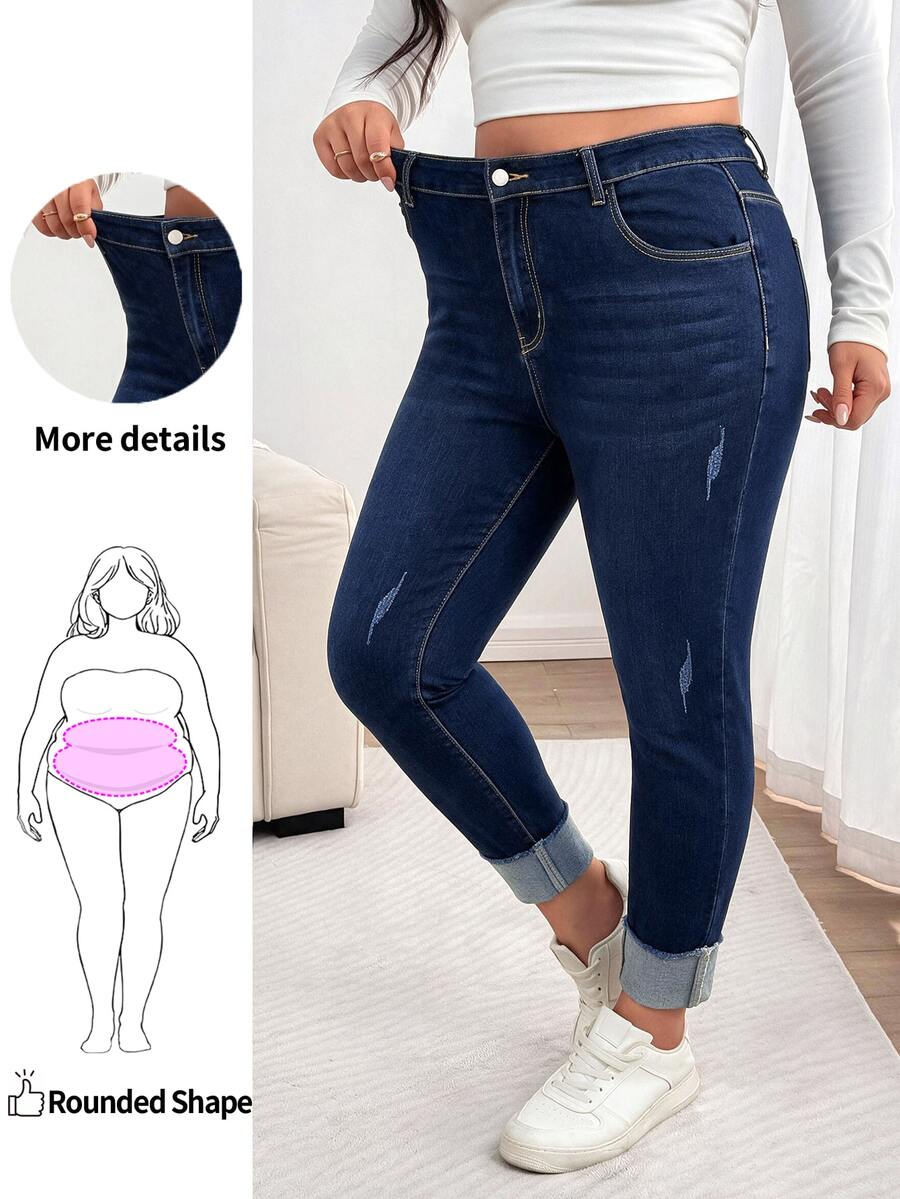SHEIN CURVE+ Plus Size Women's Casual Daily Travel Denim Jeans With Pockets And Buttons - Blue - View 1