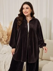 Lacomfia Women's Velvet Loose Elegant Versatile Autumn/Winter Coffee Color Plus Size 2 Pieces Set - Coffee Brown - View 5