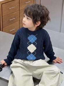 DAZY Boys' (Small) Plaid Cable Knit Casual Colorblock Loose Long Sleeve Pullover Thick Autumn/Winter Sweater - Navy Blue - View 7