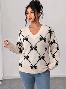 Elenzga Plus Size V-Neck Pullover Long Sleeve Sweater, Argyle Bow Soft Knit Loose Top, Autumn/Winter - Apricot - View 1