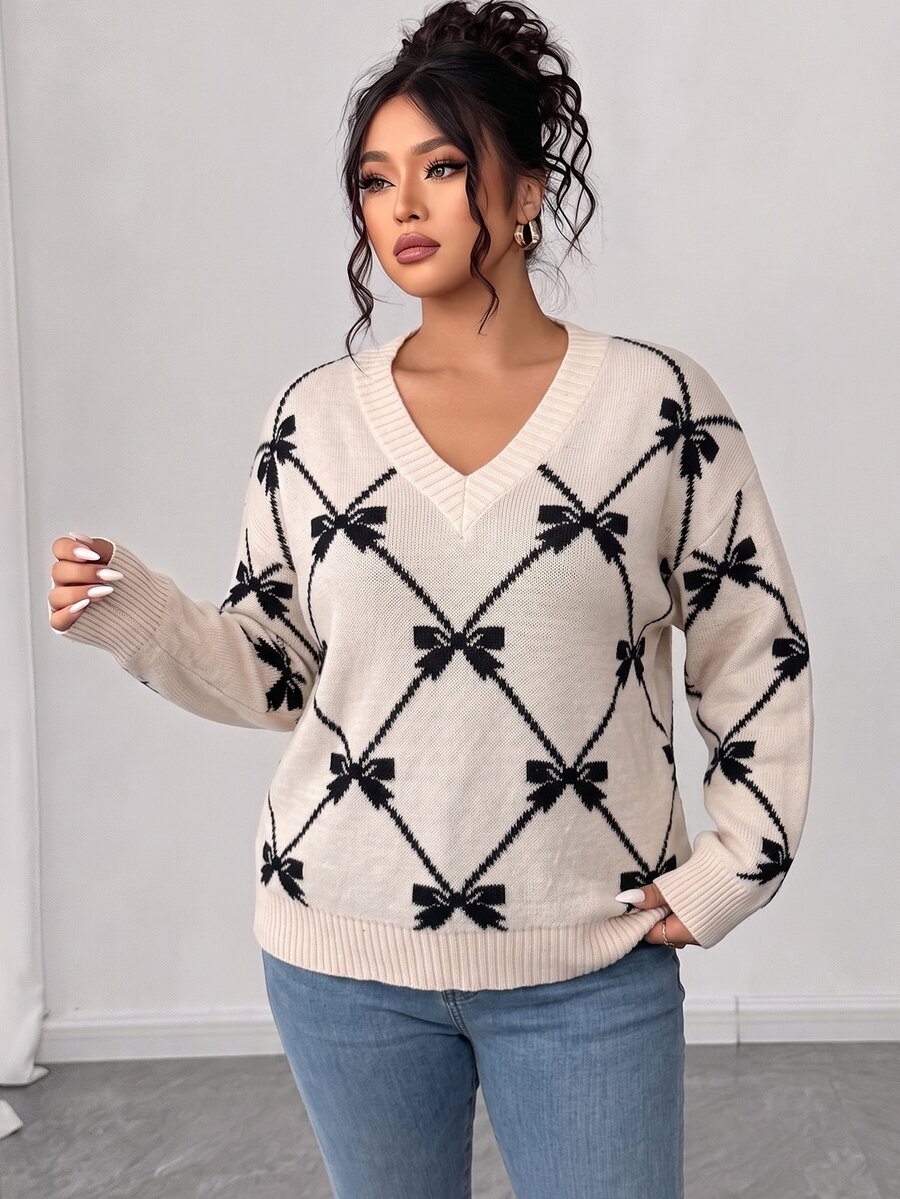 Elenzga Plus Size V-Neck Pullover Long Sleeve Sweater, Argyle Bow Soft Knit Loose Top, Autumn/Winter - Apricot - View 1
