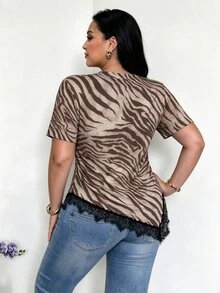 Firerie Casual Retro Zebra Print Plus Size Short Sleeve Lace T-Shirt, Suitable For Summer, Music Festivals - Multicolor - View 2