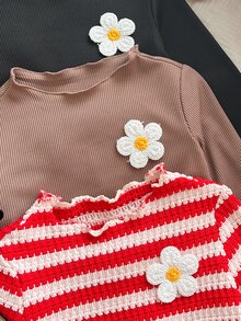 SHEIN 女嬰可愛休閒針織條紋花卉圖案長袖上衣 3件套（上衣與下裝分開銷售） - 紅色 - 查看 5