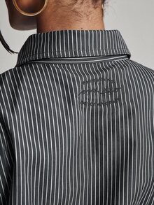 NYA SZN Matching Set Shirt & Pant Capri Cropped Short Pinstripe Long Sleeve Tie Collared Button Up Office Siren Gyaru Modest Church Unique Chic Fall Winter - Black and White - View 2