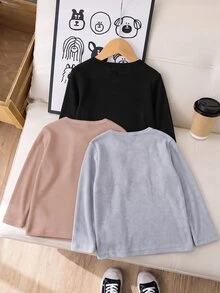 SHEIN 3件組兒童男童休閒舒適風紋理布料木紋細節鈕扣 Polo 衫圓領長袖 T-shirt 多色 - 彩色 - 查看 2