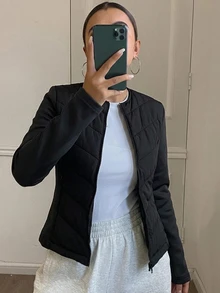 DAZY 女款秋冬修身腰部拼接加厚外套 - 黑色 - 查看 1