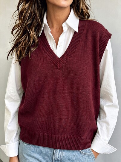 EMERY ROSE Plus Size Women's V-Neck Knit Vest Tank Top, Autumn New Loose Short Sleeveless Sweater Layering Outerwear, Burgundy Solid Color Basic Knit Top Fall