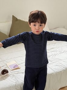 Dazy Kids Boys (Small) Striped Loose Top + Straight Leg Solid Color Pants 2 Pieces Loungewear Set - Navy Blue - View 7