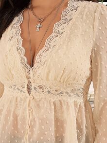 GalTyme Plus Size Sweet French Lace Button Shirt - Beige - View 6