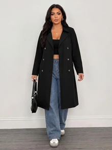 SHEIN PETITE CURVE 大尺碼女款純色雙排扣長袖百搭風衣外套 秋季 - 黑色 - 查看 6
