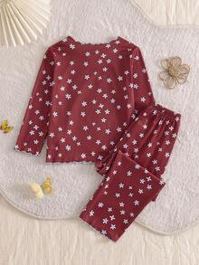 Girls' Fitted Long Sleeve Long Pants Pajama Set, Autumn/Winter New Arrival, Ruffle Design, Sweet Elegant Fresh Ditsy Floral Print, Suitable For Most Girls, Sleepwear Homewear Set - Brown - View 2