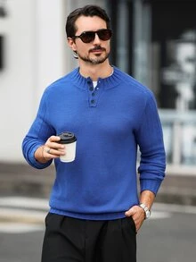 Marcello Vane 男士舒適半開襟鈕扣長袖針織衫 - 藍色 - 查看 7