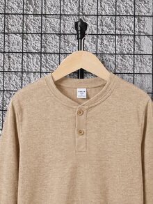 SHEIN 大童男孩純色半門襟 Polo 長袖 T 恤 - 卡其色 - 查看 3