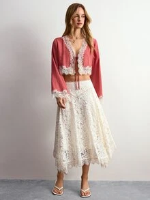 Willow Rêve Women's Lace Patchwork Pink Front Tie Long Sleeve Cropped Shirt - Coral Pink - View 3