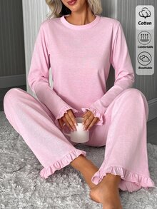 SHEIN طقم بيجامة نسائي قطعتين بلون وردي سادة، ملابس علوية بأكمام طويلة وأساور مكشكشة وبنطلون بقصة مستقيمة، ناعم ومريح وكاجوال - وردي مغبر - مشاهدة 5