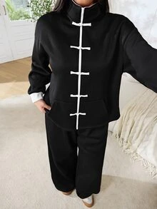 Solflare Plus Size Women's Autumn/Winter Frog Button Long Sleeve Sweatshirt And Pants 2 Pieces Set - Black and White - View 6