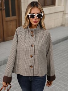 Brillora Gingham Plaid Stand Collar Button Front Contrast Cuff Raglan Sleeve Jacket,All-Season Casual Short Trench Coat Jacket, Shopping, Daily Commute - Brown - View 5