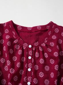Rusticease Plus Size Button Crew Neck Long Sleeve Pleated Dress - Burgundy - View 4