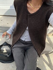 Serisse 女款純色圓領休閒無袖背心外套，大衣，秋冬，商務穿著，適合日常通勤穿著，秋季 - 咖啡棕 - 查看 8