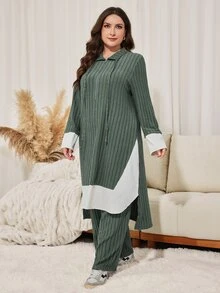 Lacomfia Plus Size Women's Colorblock Zipper Half-Placket Long Sleeve Long Top And Wide Leg Pants Casual 2 Pieces Set - Olive Green - View 4