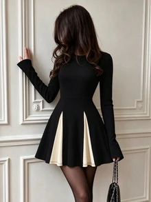 Elenzga Black Apricot Round Neck Long Sleeve Ribbed Knit Cinched Waist Flattering Full Flare Short Dress For Women - Multicolor - View 1
