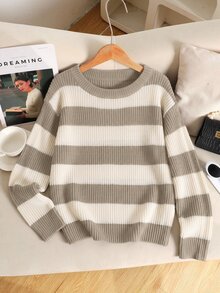 SHEIN 青少年女孩休閒條紋拼接露肩寬鬆蝙蝠袖長袖針織衫，秋冬季 - 卡其色 - 查看 4