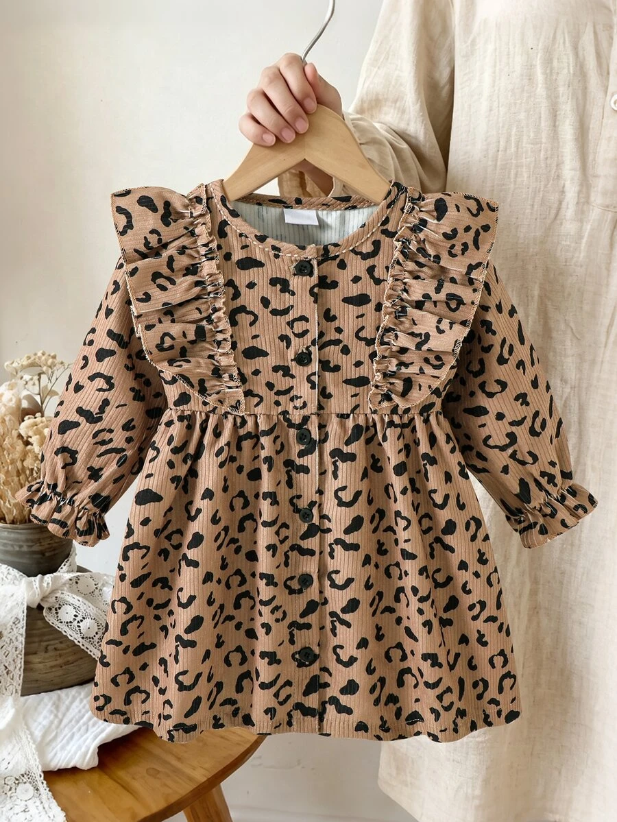 SHEIN Glamorique Kids 1件女嬰洋裝,春/秋休閒森系風格,適合幼兒與嬰兒 - 咖啡棕 - 查看 1