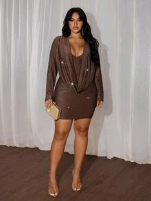 Rustia Đầm bodycon ôm sát tay dài cổ đổ phong cách gợi cảm size lớn - màu nâu - Xem 6