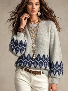 SHEIN Forest Style Vintage Loose Slouchy Knit Crew Neck Sweater - Grey - View 2