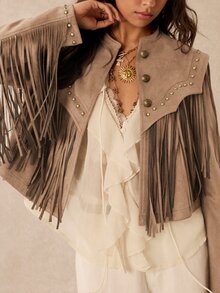 Easelle Vintage Western Streetwear Bohemian Nomad Rivet Fringe Loose Structured Women's Jacket Rave Concert Khaki Fall - Khaki - View 6