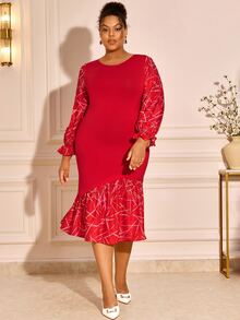 BrightlyHer Plus Size Red Ruffle Asymmetrical Ruffle Trim Round Neck Long Sleeve Dress Elegant Formal Fall Winter 2026 Christmas Party Evening - Red - View 6