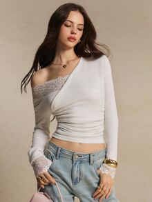 Poéselle Women's Solid Color Contrast Lace Long Sleeve Ruched Slim Fit Fashion Top - White - View 5