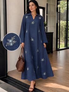 Solavon New Floral Embroidered Metal Buckle Women's Collared Long Sleeve Dress - Gray Blue - View 1