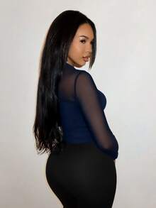 SHEIN SXY 性感優雅對比蕾絲露背開口上衣 夜店聚會穿搭 海軍藍 秋季 - 藏蓝色 - 查看 2