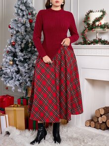 SHEIN Clasi Plus Size Women Solid Color Long Sleeve T-Shirt And Plaid Skirt Elegant 2 Pieces Set - Burgundy - View 3