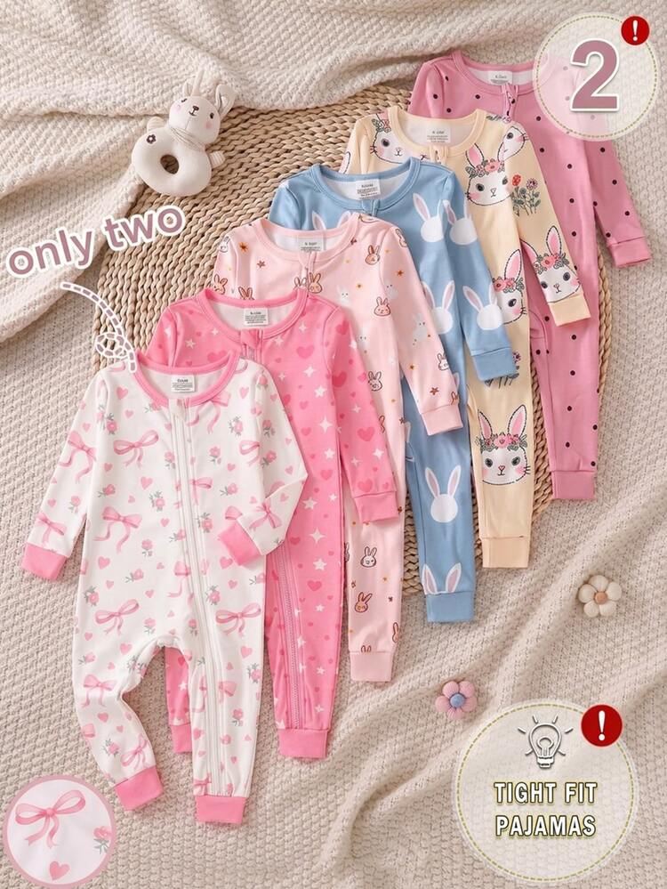 2pcs/Set Baby Girl Long Sleeve Top & Pants, Pink & White Cartoon Bow Heart Floral Star Print, Simple Casual Comfortable Soft Fitted Loungewear, All Season - Pink - View 1