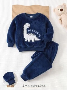 Cozy Pixies 兒童小男孩卡通熊圖案抓絨內裡加厚圓領長袖套頭衛衣與彈性腰秋冬長褲2件套 - 藏蓝色 - 查看 4