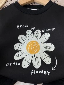 SHEIN 2件組幼女上衣褲子套裝，可愛黑白雛菊花條紋長袖圓領常規版聚會秋季假期套頭衫 - 淺灰色 - 查看 4