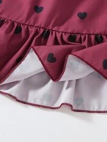 SHEIN Vintaside Kids 女童復古波點細肩帶洋裝，經典酒紅愛心配甜美酷感蝴蝶結，法式女孩風，荷葉邊下擺輕盈飄逸，寬鬆舒適清爽 - 酒紅色 - 查看 6