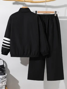 SHEIN طقم كاجوال للأطفال في سن المراهقة للأولاد، جاكيت مخطط بأكمام طويلة وسحاب وبنطال واسع الساق، خريف - الأسود - مشاهدة 5